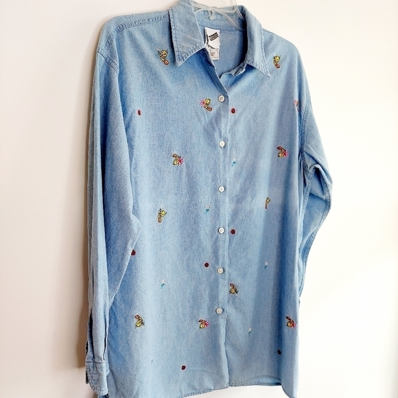 Vintage Warner Bros Tweety Denim Chambray Embroiderd Button-up Shirt Large Tunic - Picture 2 of 14